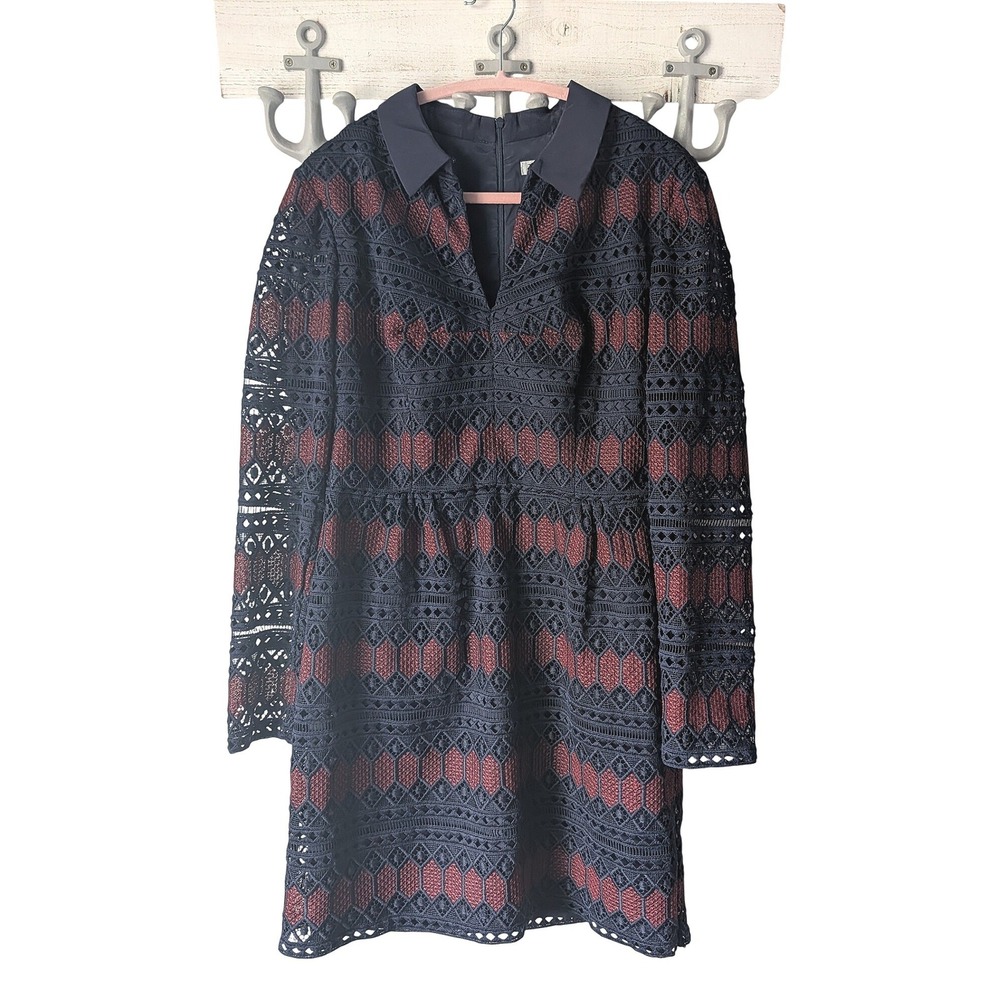 Trina Turk Lace Dress Womens 10 Navy Blue Burgundy Silk Collar Long Sleeve Mini